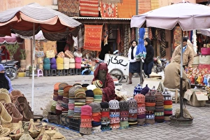 Cloth Prints: Market trader on hat stall, Marrakech, Morocco, North Africa, Africa