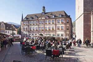 Town Halls Prints: Marketplace and town hall with street cafes at the market day