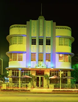Hotels Prints: The Marlin Hotel illuminated at night, Ocean Drive, Art Deco District, Miami Beach