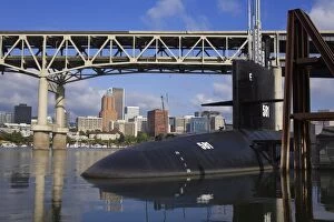 Marquam Bridge over the Willamette River and the US Submarine Blueback at the OMSI Museum