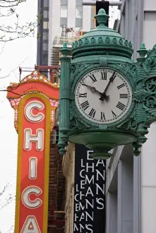 Clock Prints: The Marshall Field Building Clock and Chicago Theatre behind, Chicago, Illinois