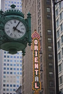 Images Dated 11th May 2008: Marshall Field Building Clock and Oriental Theatre sign, Theatre District