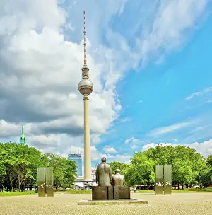 Public Park Prints: Marx and Engels statues survey the Berlin TV tower (Fernsehturm) in Marx-Engels Forum