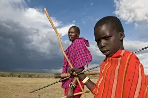 Images Dated 30th September 2008: Masai boy with his father, Masai Mara, Kenya, East Africa, Africa
