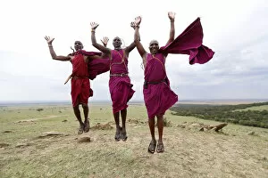Eye Contact Gallery: Masai warriors doing the traditional jump dance, Masai Mara Game Reserve, Kenya