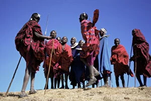 Images Dated 4th January 2000: Masai warriors performing jumping dance, Serengeti Park, Tanzania, East Africa, Africa