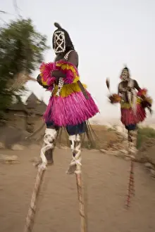 Festivity Prints: Masked ceremonial Dogon dancers on stilts near Sangha, Bandiagara escarpment