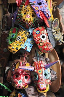 Handicraft Prints: Masks, Handicraft Market, Antigua, Guatemala, Central America