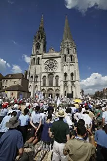 Mass in and outside Chartres cathedral during Catholic pilgrimage, UNESCO World Heritage Site