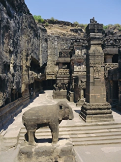 Ellora Prints: Massive elephant and column in NW of courtyard