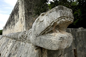 Mayan Ruin Prints: Massive stone carving of snake head, Chichen Itza, UNESCO World Heritage Site