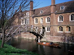 College Prints: Mathematical Bridge, Queens College and punt, Cambridge, Cambridgeshire