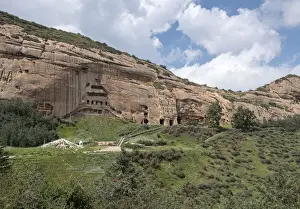 Grotto Prints: Mati temple grottos carved in the mountain and made up of narrow galleries, Gansu, China