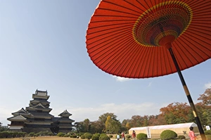 Nagano Prints: Matsumoto Castle under red parasol