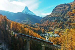 Autumn Collection: The Matterhorn, 4478m, Findelbach bridge and the Glacier Express Gornergrat, Zermatt