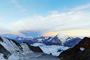 The Matterhorn, 4478m and Weisshorn, 4506m, at sunrise, Zermatt, Valais, Swiss Alps