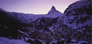 Matterhorn Mountain and Town at Twilight, Zermatt, Switzerland