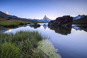 The Matterhorn reflected in Lake Stellisee at dawn, Zermatt, Canton of Valais, Pennine Alps