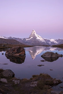 Canton Of Valais Prints: The Matterhorn reflected in the Stellisee at dusk, Zermatt, Canton of Valais, Pennine Alps