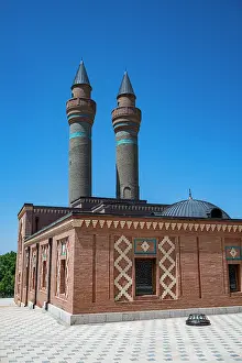 Stones Prints: Mausoleum features distinct architecture with two minarets and decorative elements in Azerbaijan