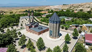Mausoleum Prints: Mausoleum in Garabaghlar shows traditional architecture and well-maintained grounds in an aerial view from Nakhchivan