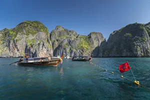 Long Tail Boat Prints: Maya Bay The Beach with long-tail boats and tourists, Phi Phi Lay Island, Krabi Province
