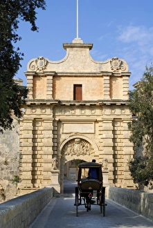 Cart Prints: Mdina Gate with horse drawn carriage, Mdina, Malta, Mediterranean, Europe