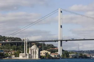 White Wash Prints: The Mecidiye Mosque in front of the Bosphorus Bridge, Istanbul, Turkey, Europe