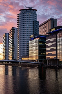 Quays Prints: Media City at twilight, Salford Quays, Manchester, Lancashire, England, United Kingdom