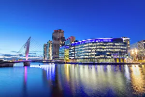 Cityscape View Prints: Media City UK at dusk, footbridge