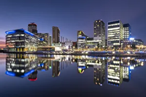 Light Beam Prints: MediaCityUK reflected in North Bay at night
