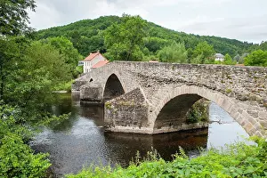 Auvergne Prints: Medieval bridge of Menat across the River Sioule