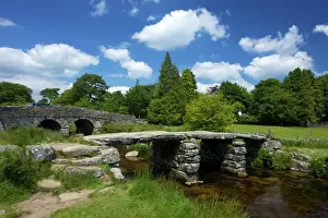 13th Century Prints: Medieval clapper bridge made of four massive granite slabs crossing the East Dart River