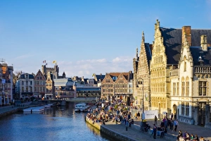 Medieval guild houses on Graslei and the Leie River, Ghent, Flanders, Belgium, Europe