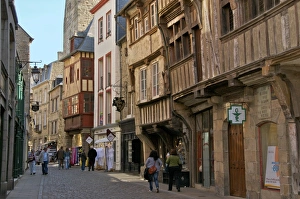 Medieval half timbered houses in streets of old town, Dinan, Brittany, France, Europe