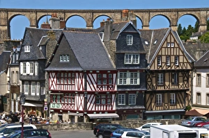 Medieval half timbered houses, with viaduct in the background, old town, Morlaix, Finistere, Brittany, France, Europe