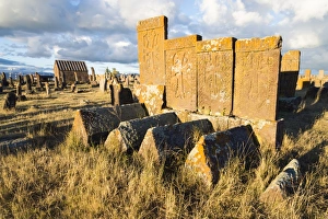 Medieval Khachkars carved memorial stele, Noratus cemetery, Sevan Lake, Gegharkunik province