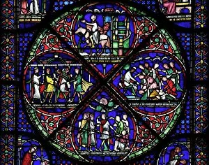 Images Dated 6th August 2011: Medieval stained glass depicting the Cure of Eilward of Westoning, Becket Miracle Window 5