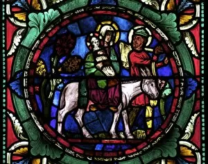 Images Dated 6th August 2011: Medieval stained glass depicting Mary, baby Jesus and Joseph on a donkey, Canterbury Cathedral