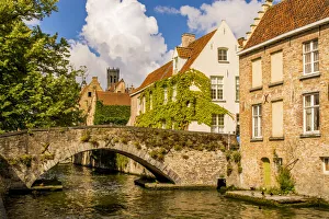 Bruges Prints: Medieval stone bridge on canal, Bruges, UNESCO World Heritage Site, West Flanders