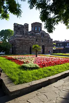Bulgarian Prints: Medieval stone Church of Christ Pantokrator with Byzantine arches, Old Town