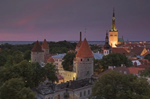 Estonia Prints: Medieval town walls, defence towers and spire of St. Olavs church at sunset