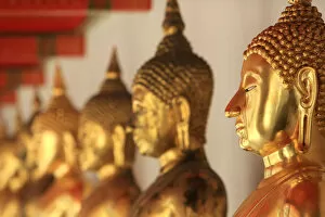 Foreground Focus Gallery: The meditation posture bronze Buddhas, Wat Pho, Bangkok, Thailand, Southeast Asia, Asia