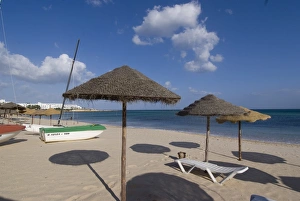 Parasols Prints: Mediterranean Sea beach to the north of Hammamet, Tunisia, North Africa, Africa