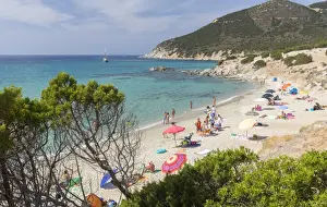 Cagliari Prints: Mediterranean vegetation frames the beach and the turquoise sea of Porto Sa Ruxi