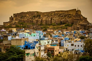 Mehrangarh Fort towering over the blue rooftops in Jodhpur, the Blue City, Rajasthan