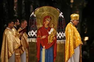 Virgin And Child Prints: Melkite (Greek Catholic) liturgy in Paris cathedral, Paris, France, Europe