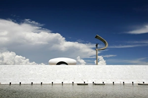 Memorial JK with the statue of Juscelino Kubitschek, designed by Oscar Niemeyer, Brasilia, Brazil, South America