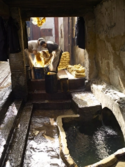 Silk Prints: Men dyeing silk in the street, Fez, Morocco, North Africa, Africa