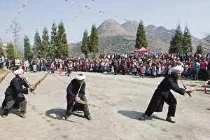 Images Dated 30th January 2009: Men playing the lusheng at a 4 Seals Miao lunar New Year festival, Xinyao village